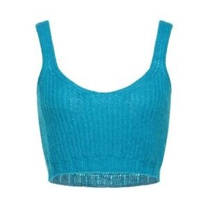 Vicolo Knit Crop Top Women S Teal Blue Mohair‎ Blend Ribbed Made in Italy